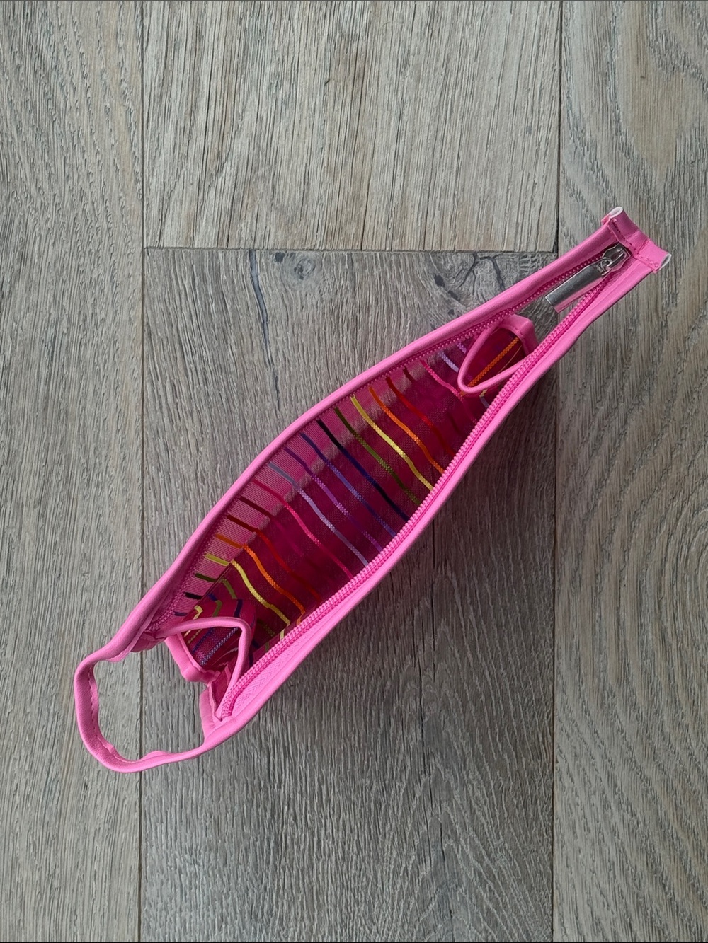 Hot Pink Mesh Multi-Color Striped Zip Cosmetic Toiletries Makeup Pouch Bag Case - Picture 3 of 4